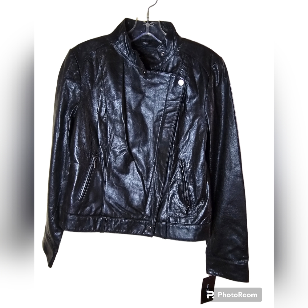 Black Rivet woman's black long-sleeved leather moto jacket size S